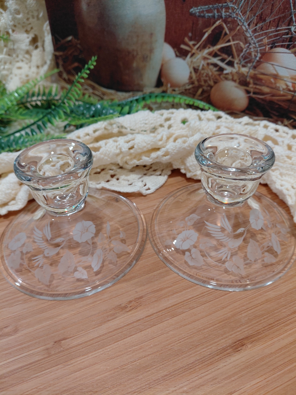 Avon Clear Etched Glass Candle Holders